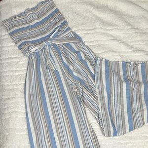 Altar'd State Blue and White Striped Wide Leg Jumpsuit